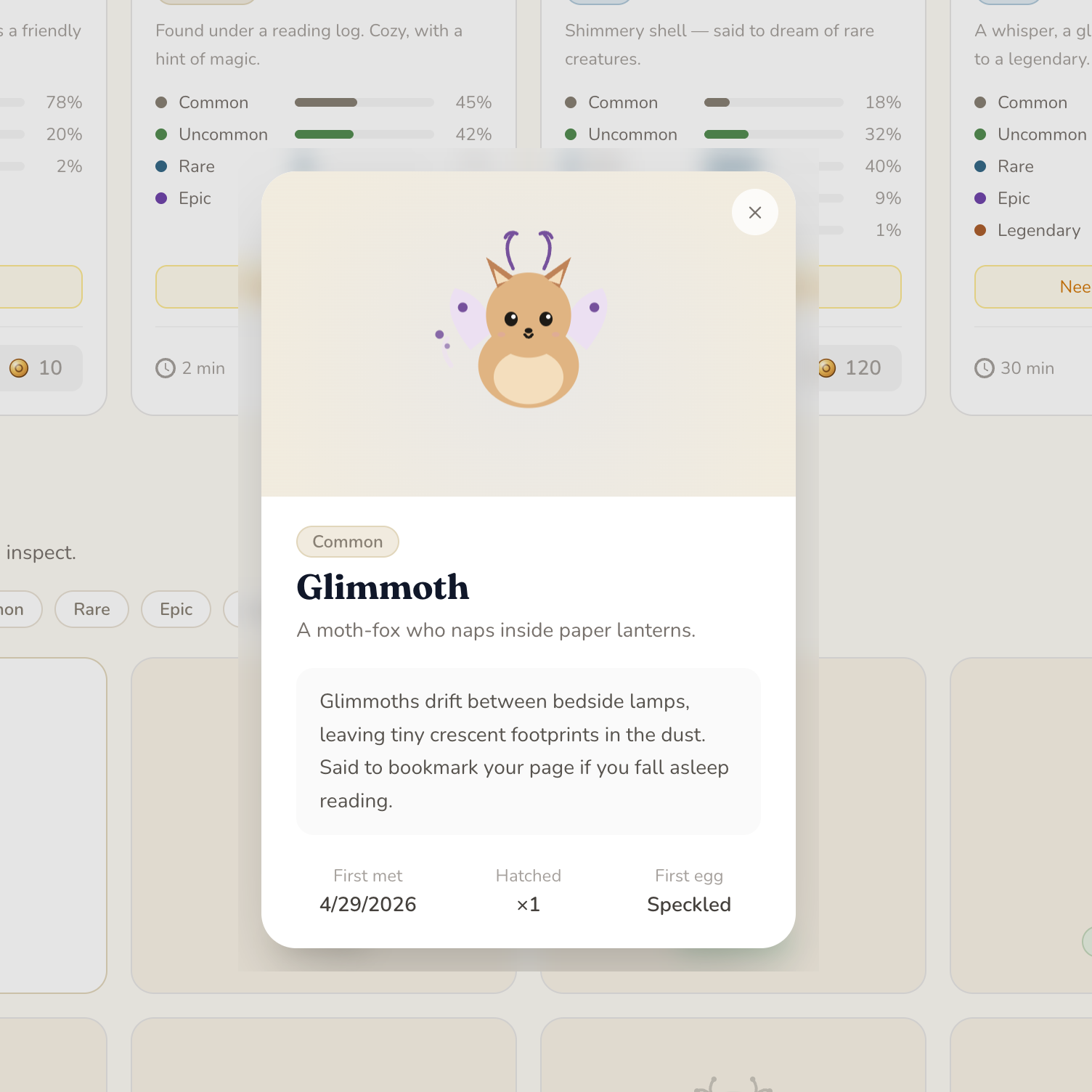 Glimmoth creature card — moth-fox who naps inside paper lanterns
