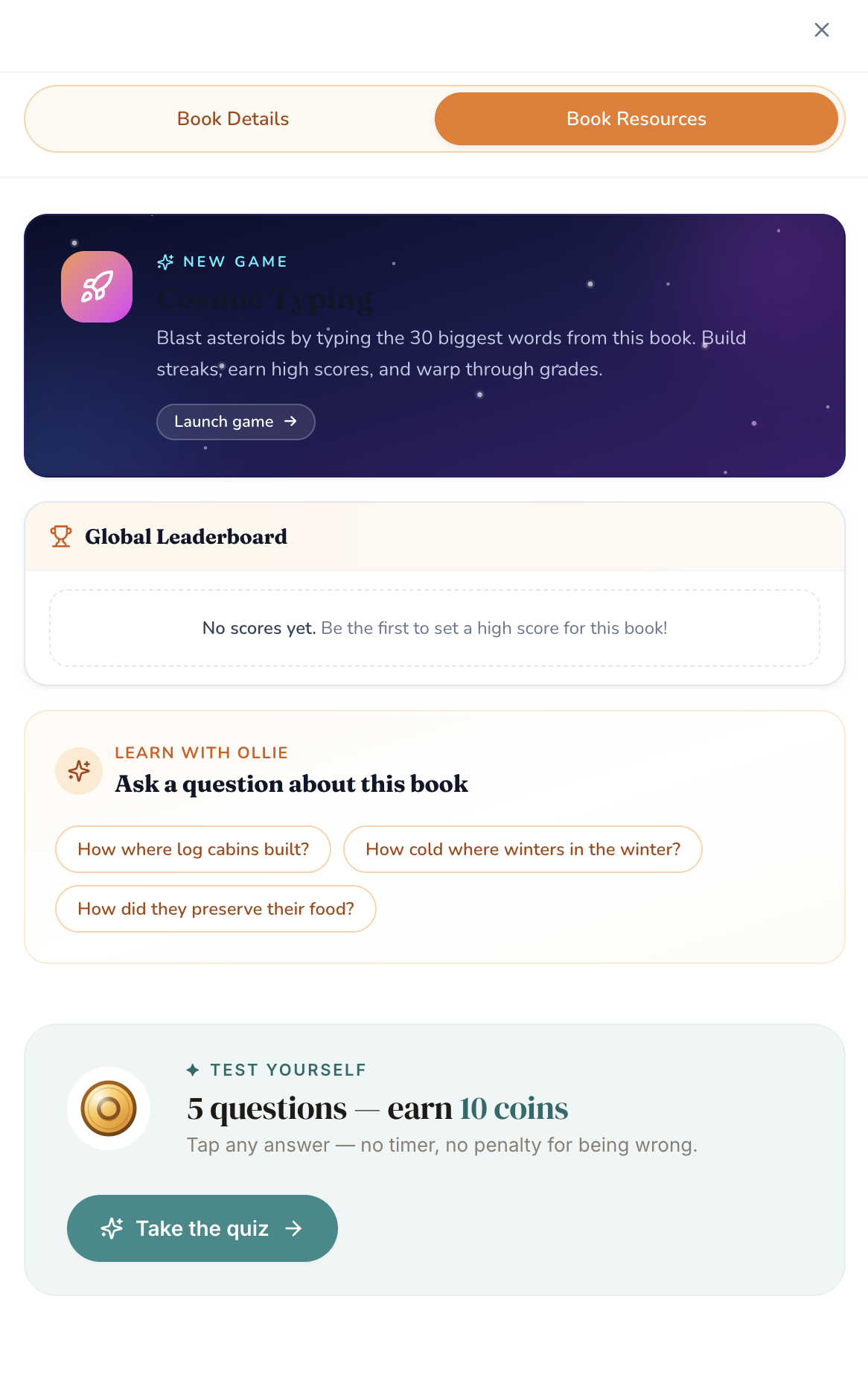 Book resources panel — Cosmic Typing, leaderboard, Ask Ollie, Take the quiz